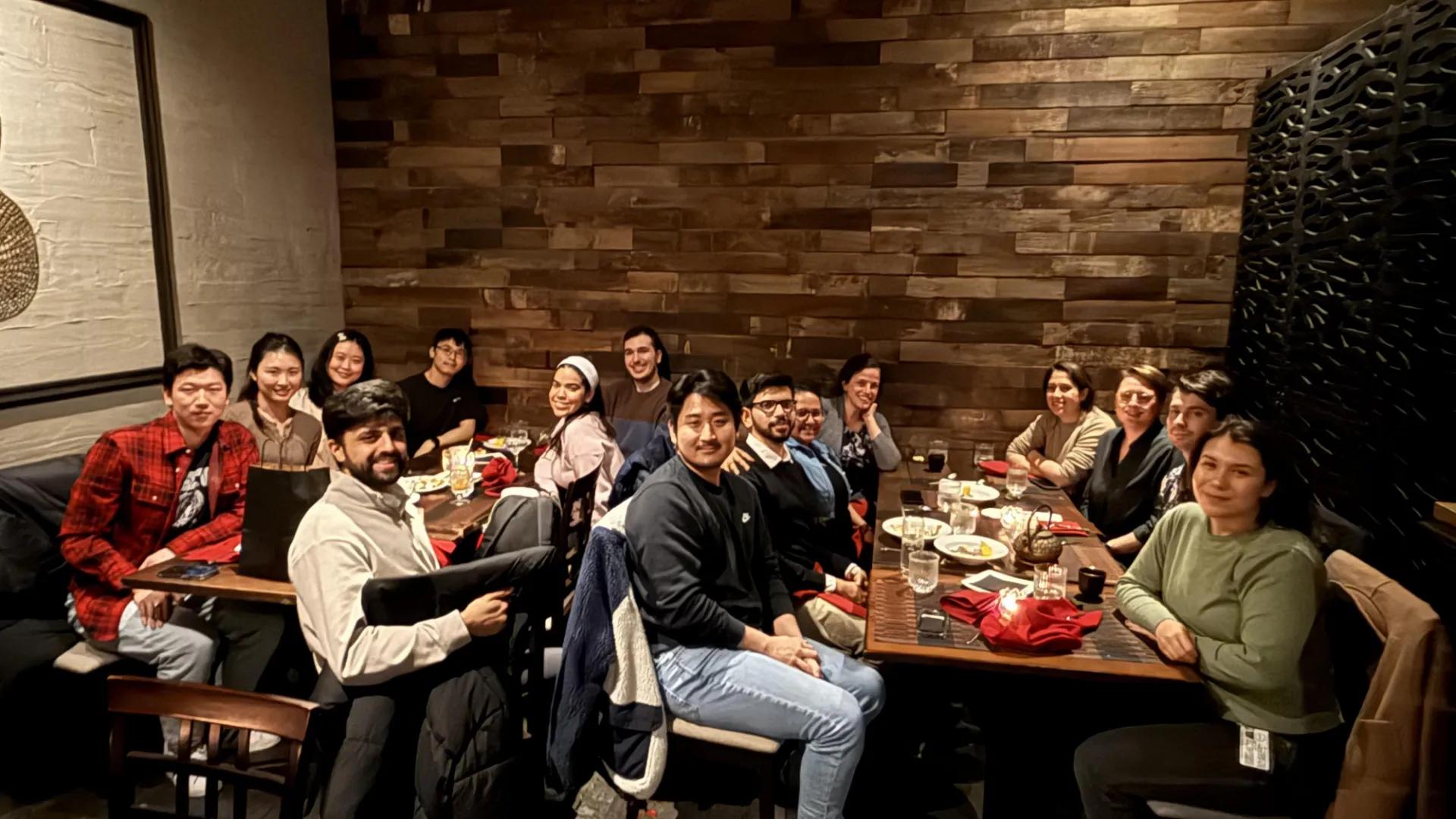 Lab members at dinner